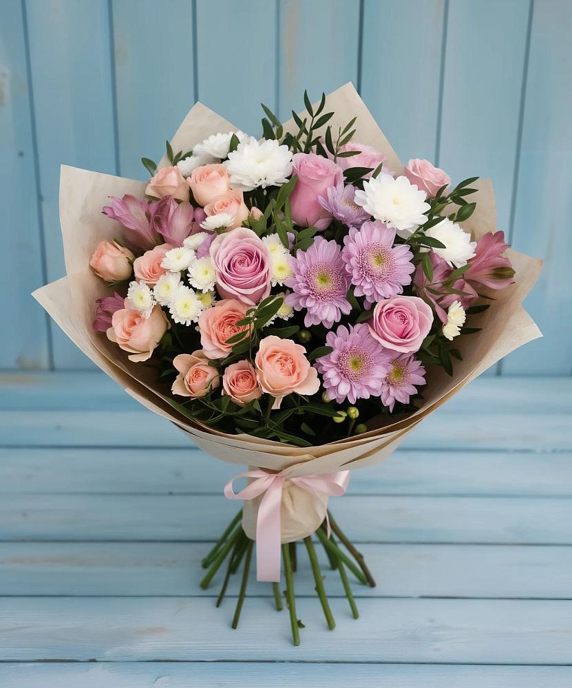 Букет цветов из: Хризантемы, Розы и Альстромерии в Большой Речке
