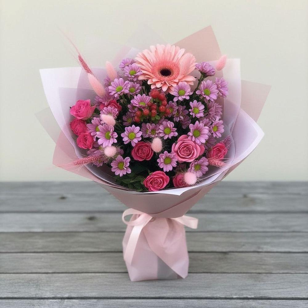 Букет цветов из: Розы, Герберы и Хризантемы в Большой Речке