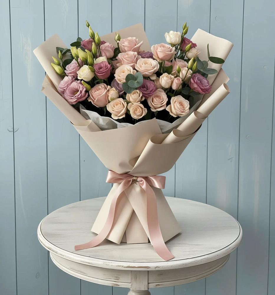 Букет цветов из: Розы и Лизиантусы в Большой Речке